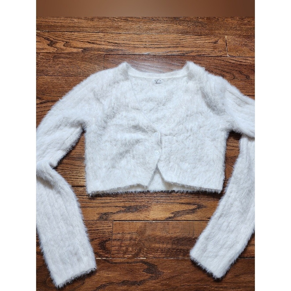 Garage Cropped Cardigan Women Small White Fuzzy Eyelash Knit Y2K Soft Girl